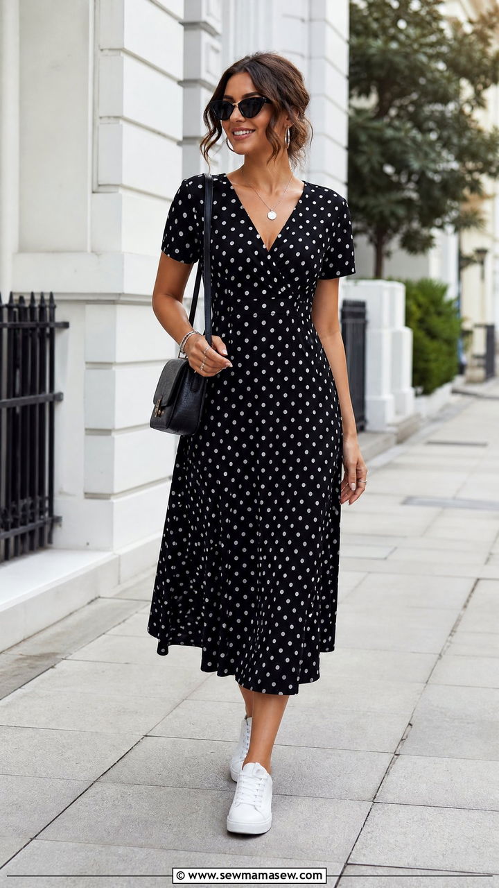 Polka dot midi dress with white sneakers - 40 Summer outfits with dresses