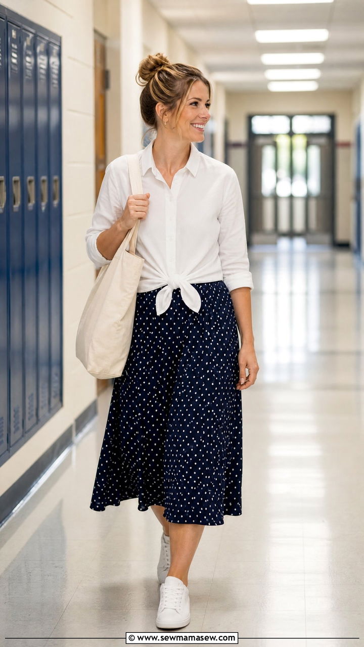 Polka dot midi skirt and button down shirt teacher outfit - 30 summer teacher outfit ideas