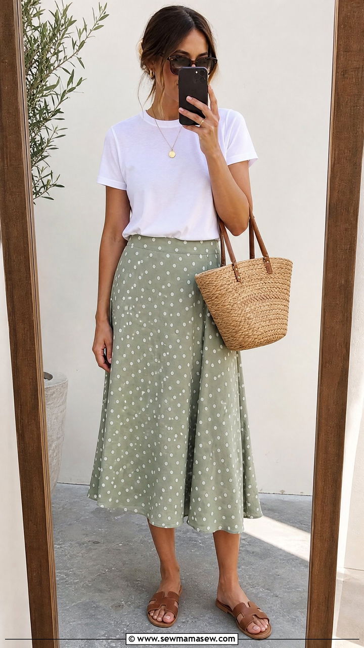 Polka dot midi skirt with a white tee and flat sandals - 25 spring polka dot outfit ideas