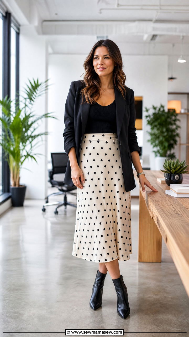 Polka dot midi skirt with pointed boots - 25 chic midi skirt outfit ideas