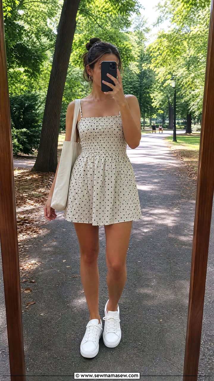 Polka dot mini sundress with white sneakers - 40 summer sundress outfit ideas