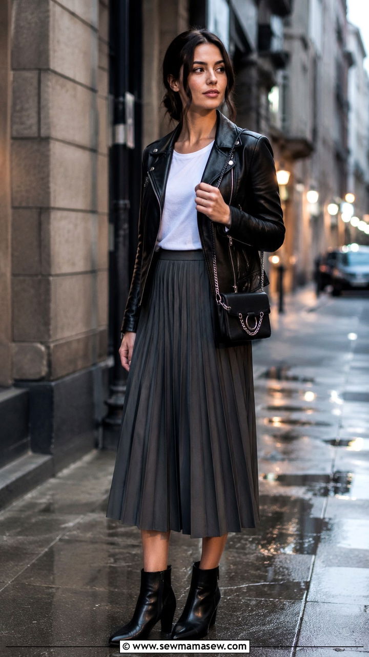 Polka dot pleated skirt with tucked in tee - 30 Spring outfits with pleated skirts