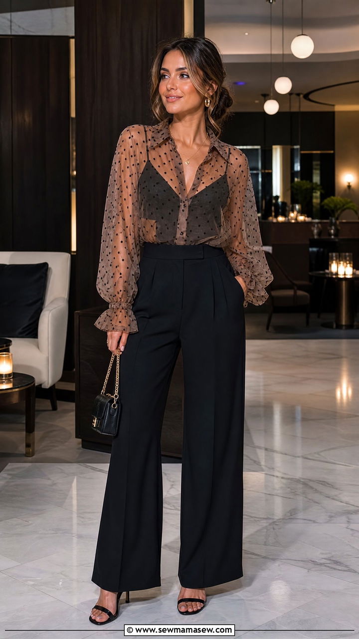 Polka dot sheer blouse layered over a cami - 25 spring polka dot outfit ideas