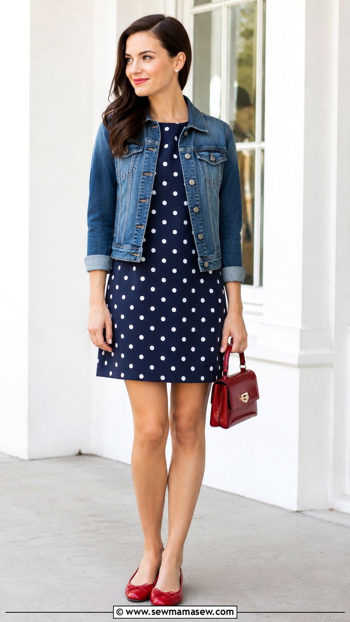 Polka dot shift dress with denim jacket - 25 Shift dress outfit ideas with a denim jacket