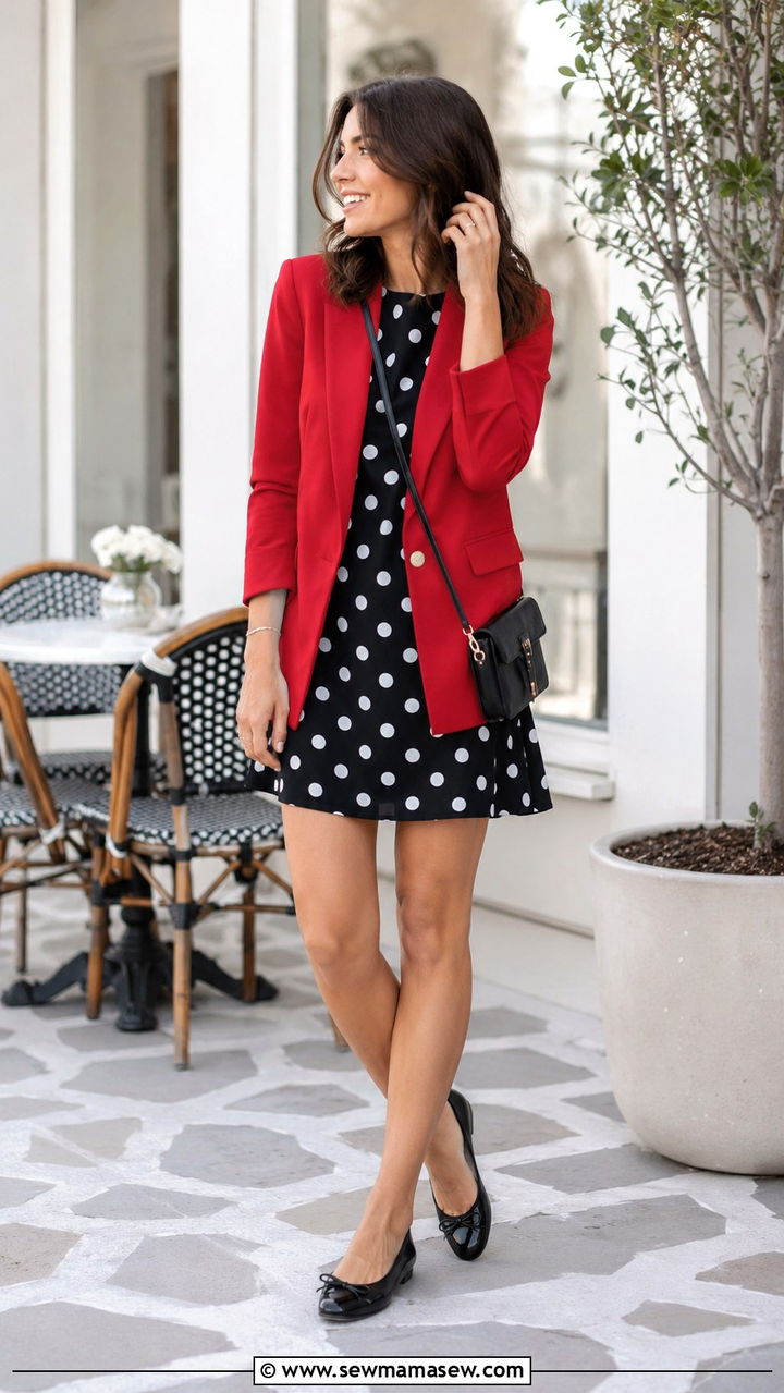 Polka dot shift dress with solid blazer outfit - 25 Shift dress outfit ideas with a blazer