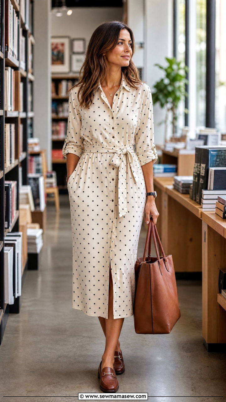 Polka dot shirt dress with loafers and a tote bag - 30 Polka dot dress outfit ideas