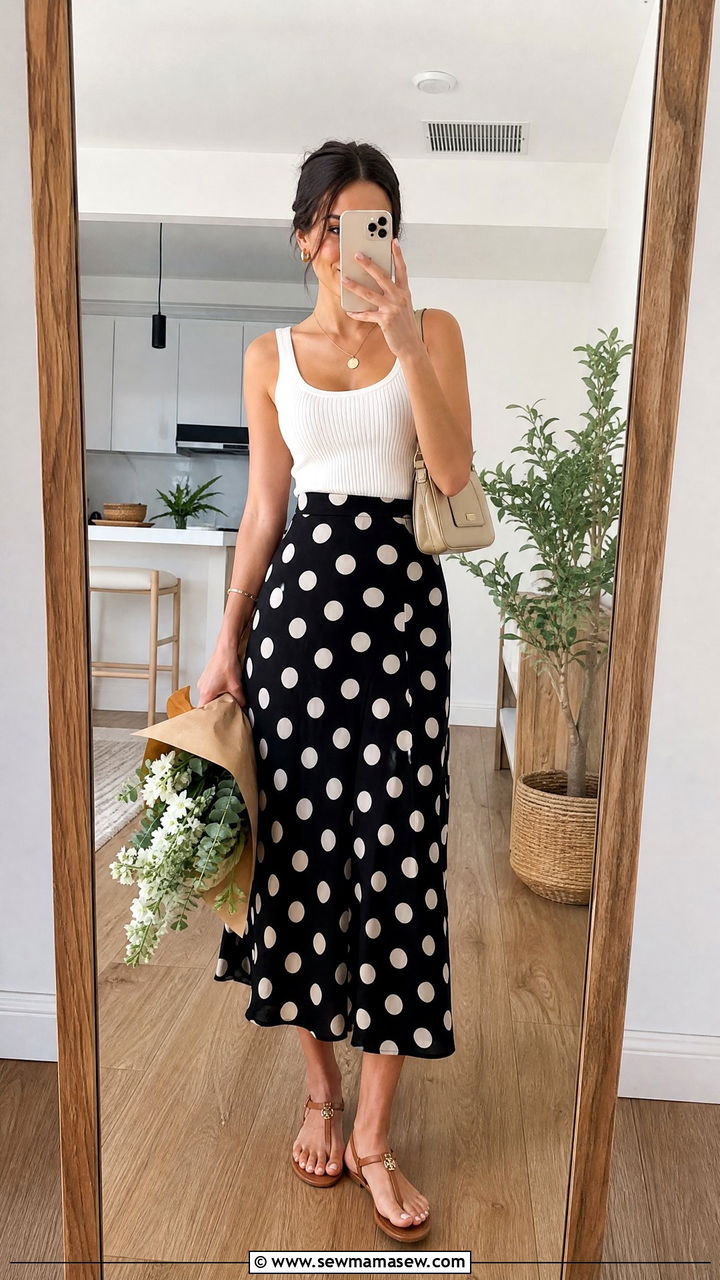 Polka dot skirt and white tank top Labor Day outfit - 35 Labor Day weekend outfit ideas
