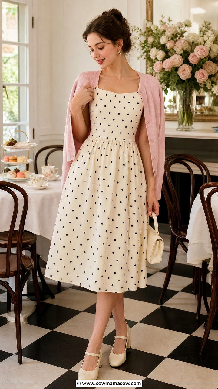 Polka dot tea dress with Mary Jane shoes and a cardigan - 30 Polka dot dress outfit ideas