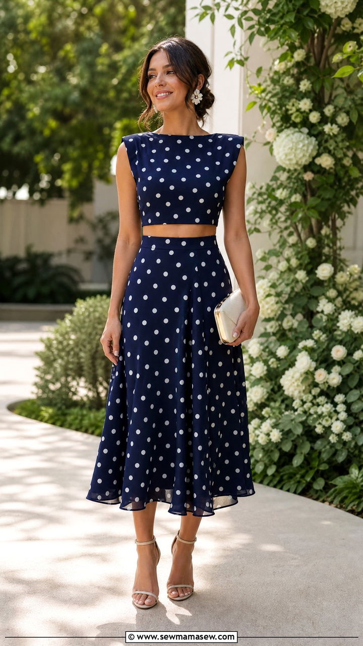Polka dot top and midi skirt set - 25 spring polka dot outfit ideas