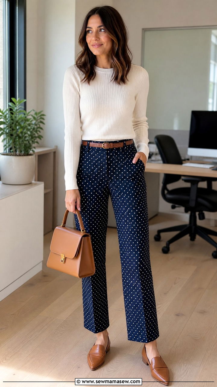 Polka dot trousers with a fitted knit top - 25 spring polka dot outfit ideas