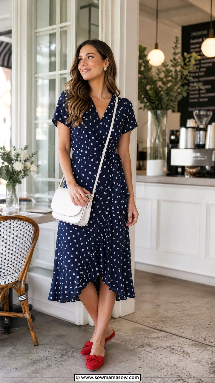 Polka dot wrap dress August brunch outfit 2026 - 25 August outfit ideas 2026