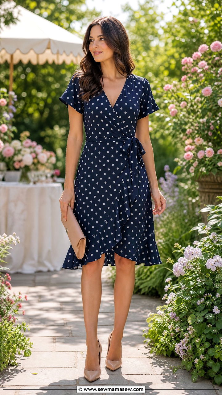 Polka dot wrap dress with nude pumps and a clutch - 30 Polka dot dress outfit ideas
