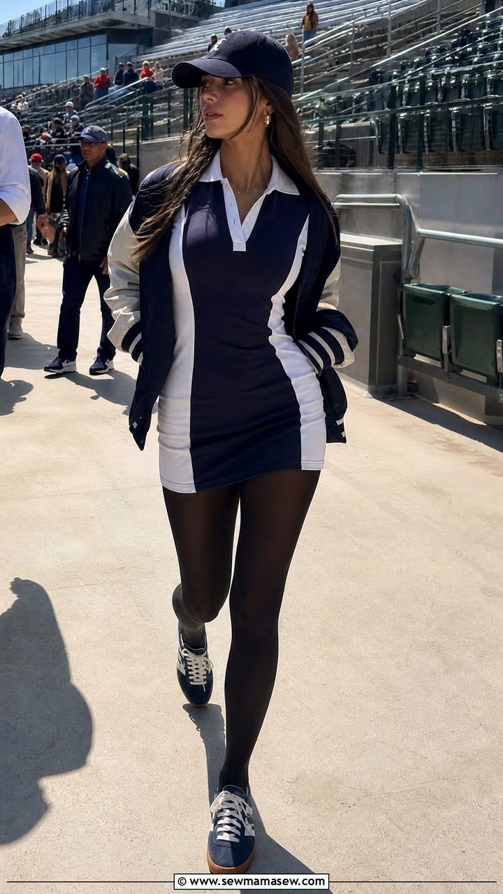 Polo Bodycon Dress With Tights And Retro Sneakers - 30 Bodycon dress outfit ideas with tights
