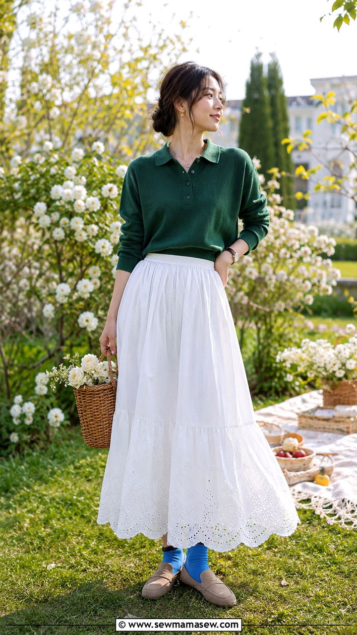 Polo Knit Top With White Maxi Skirt and Suede Loafers - 20 Eclectic grandpa outfit ideas women