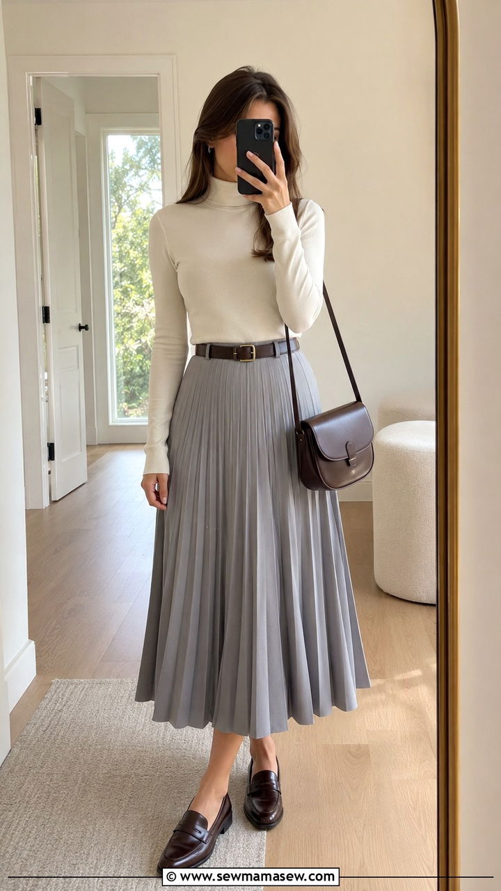 Polo Neck Top and Pleated Midi Skirt With Loafers - 30 Modest outfit ideas clean girl