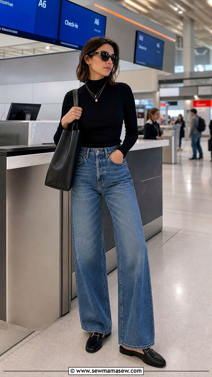 Polo Neck Top and Wide Leg Jeans with Mules Airport Outfit - 40 Chic airport outfits