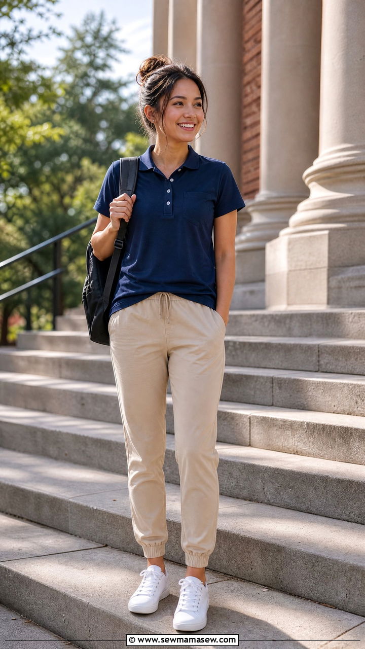 Polo Shirt With Khaki Joggers And Clean White Sneakers - 25 Nursing student outfit ideas