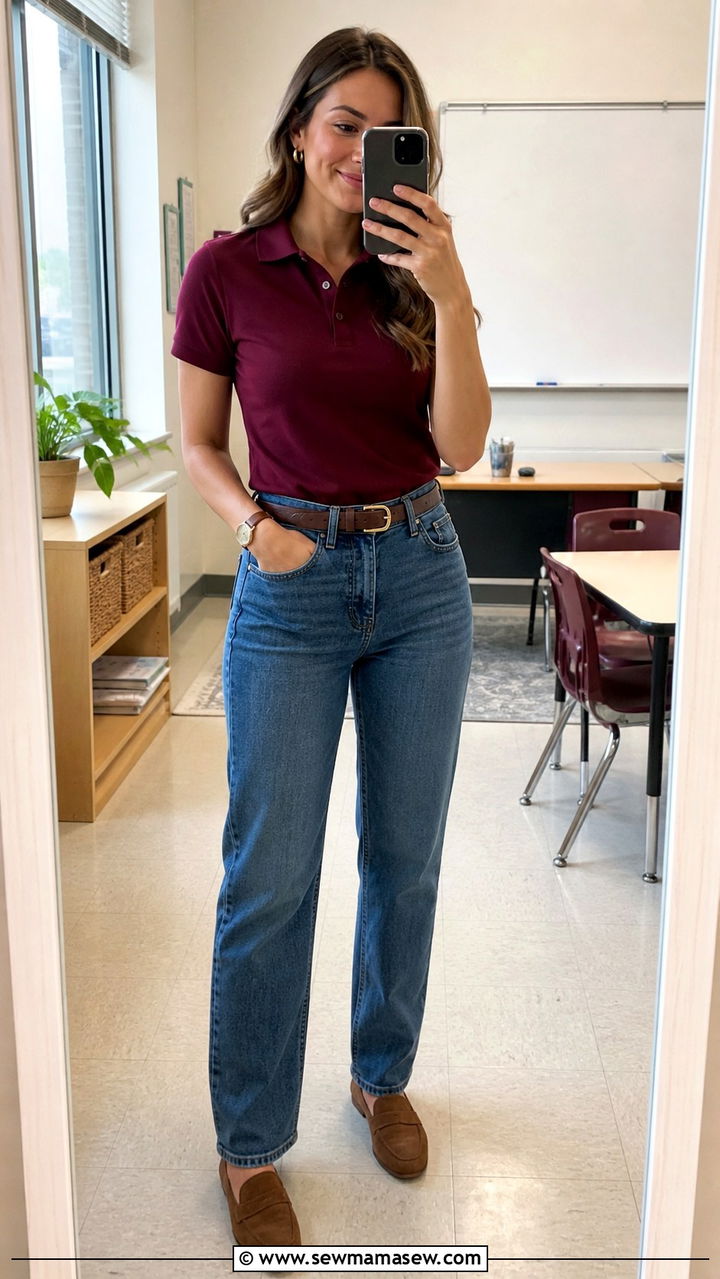Polo Shirt With Straight Leg Jeans - 40 teacher outfits ideas