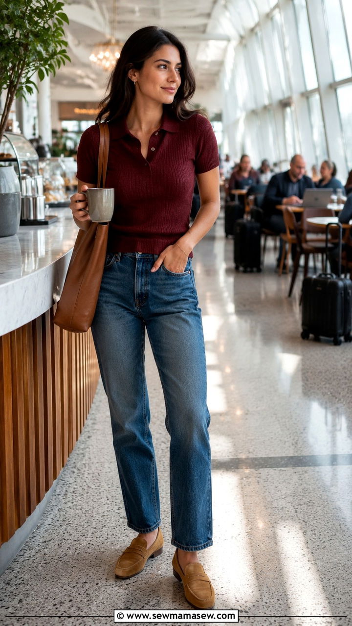 Polo Shirt and Straight Leg Jeans Travel Look - 25 Airport outfit ideas for short flight