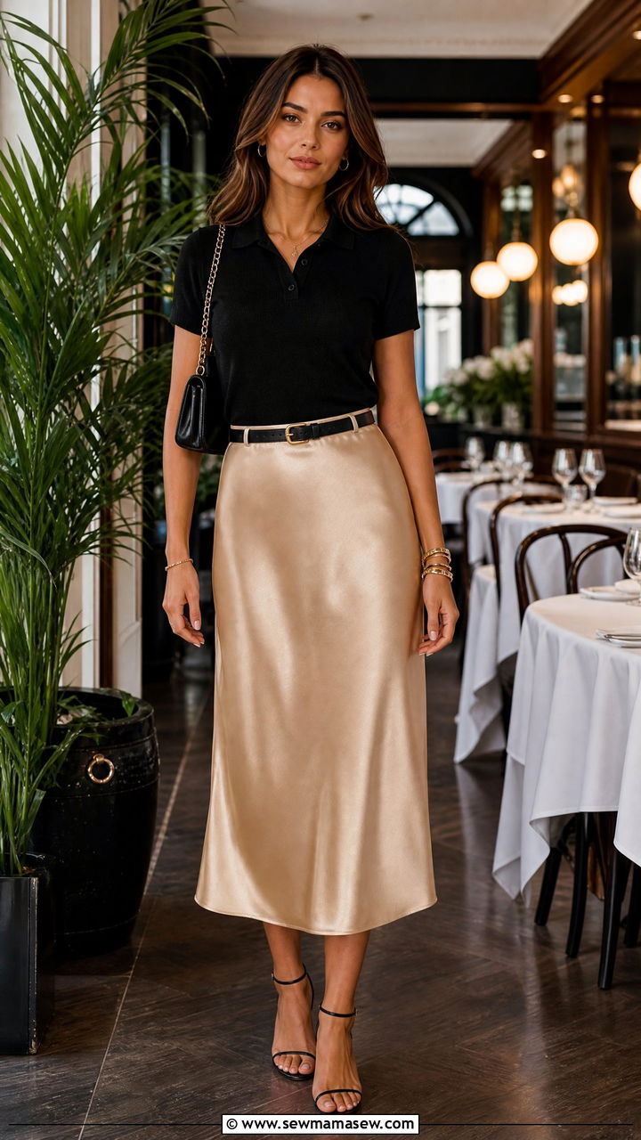 Polo Shirt with Satin Midi Skirt Outfit - 25 How to style a polo shirt