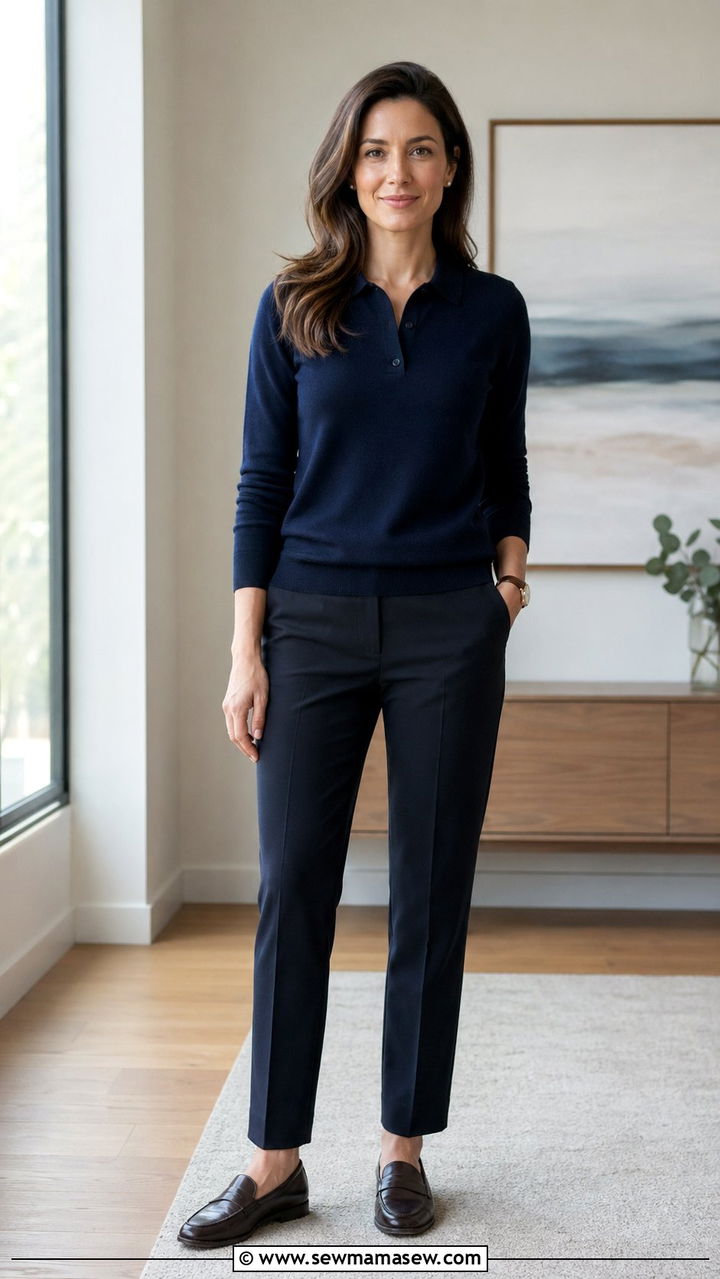 Polo Sweater With Dark Pants And Leather Loafers - 30 Zoom meeting outfit ideas