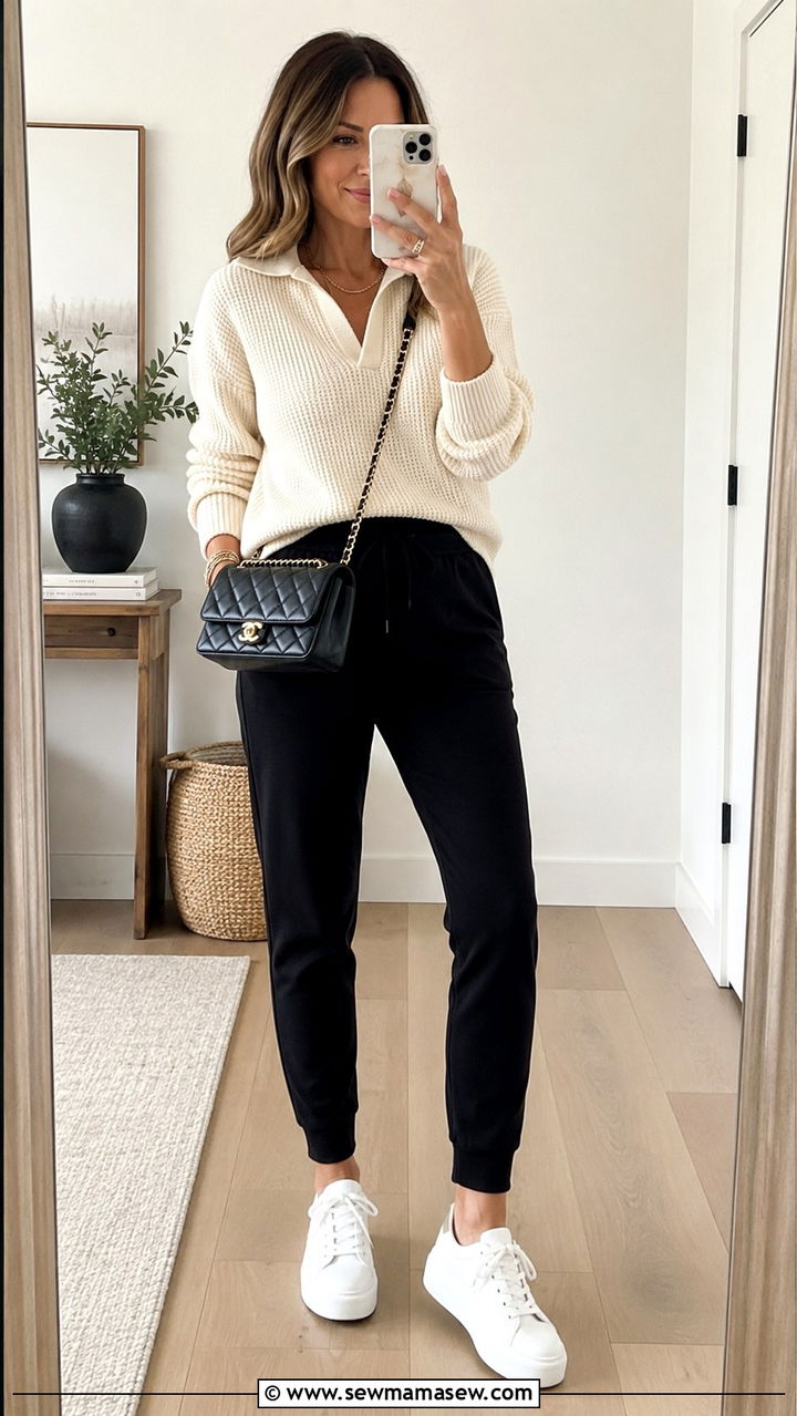 Polo Sweater with Tailored Joggers and White Sneakers - 30 casual outfits for women over 30