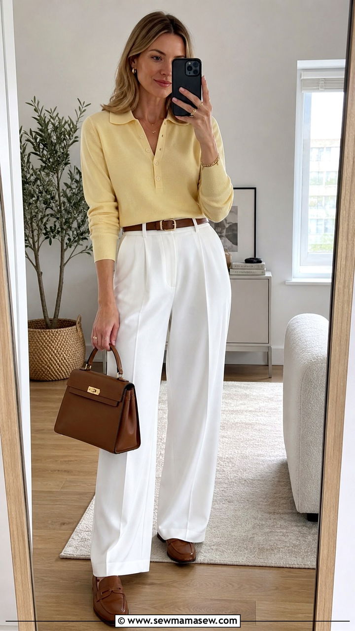 Polo Sweater with White Wide Leg Trousers and Loafers - 40 Spring weekend outfit ideas