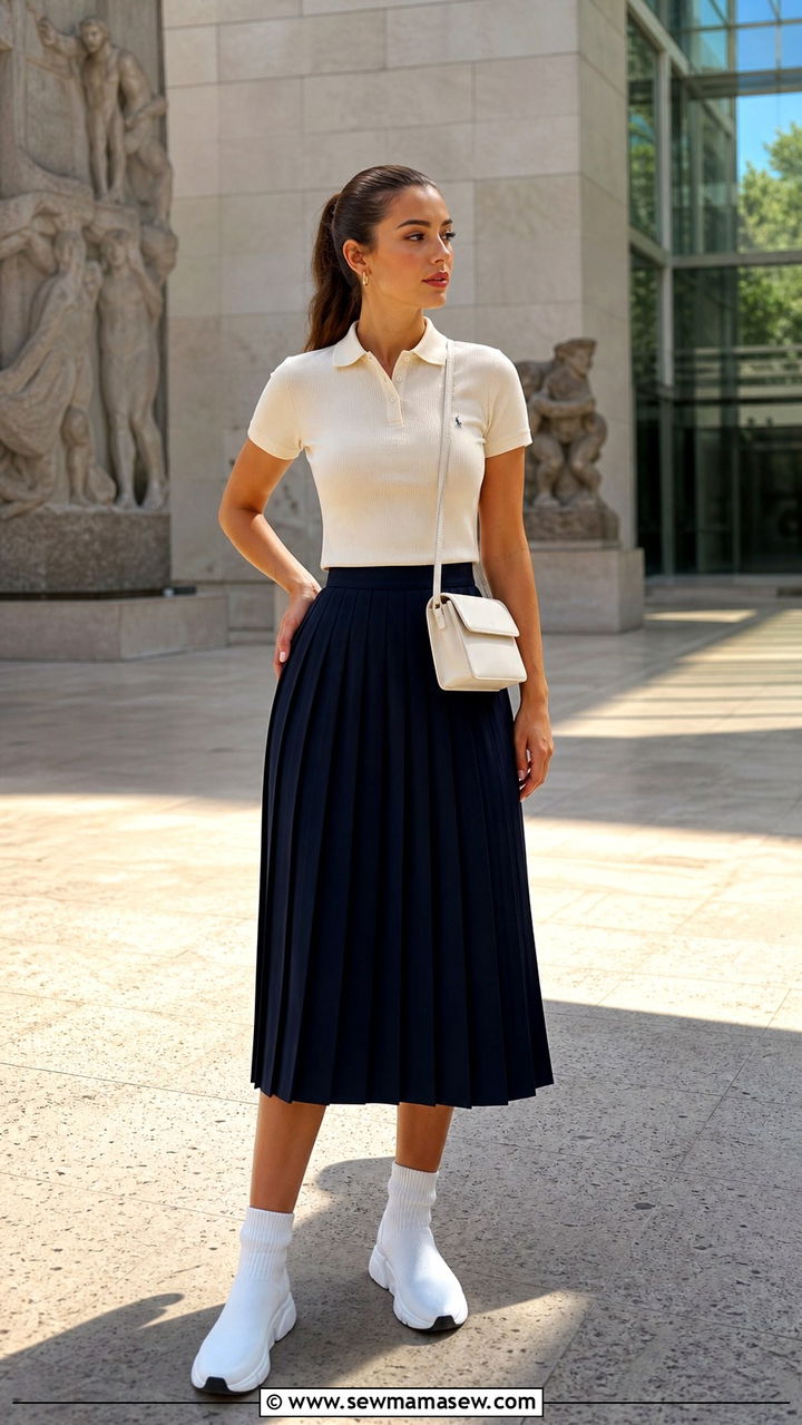 Polo Top With Pleated Midi Skirt - 40 Spring wardrobe ideas