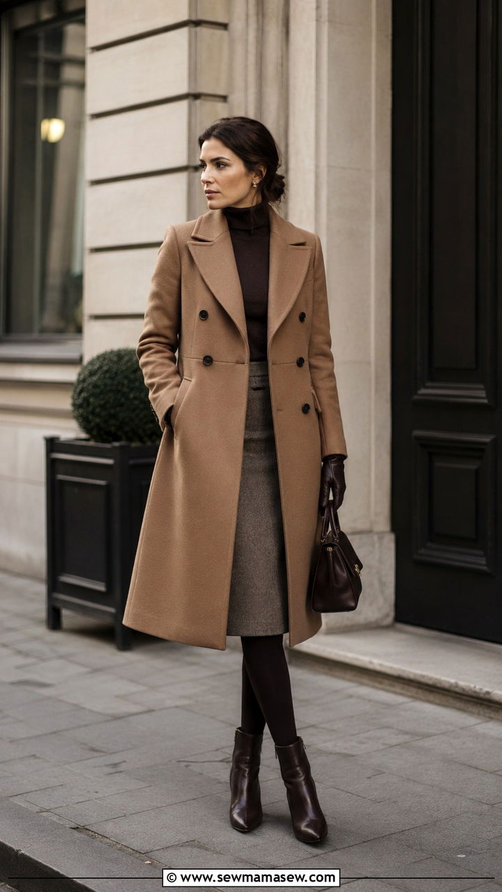 Polo coat with wool pencil skirt outfit - 25 Mid century modern outfit ideas