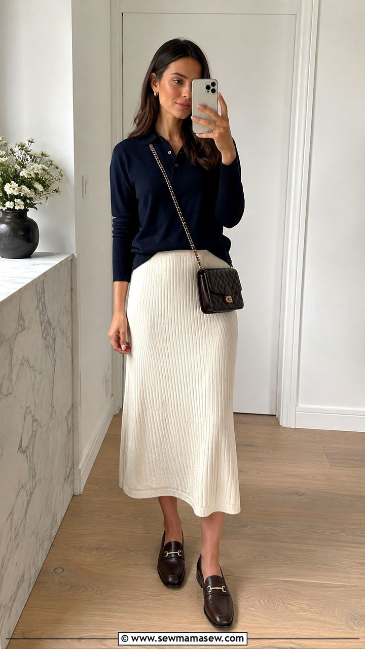 Polo collar sweater with midi skirt and loafers - 30 Midi skirt outfit ideas with a sweater
