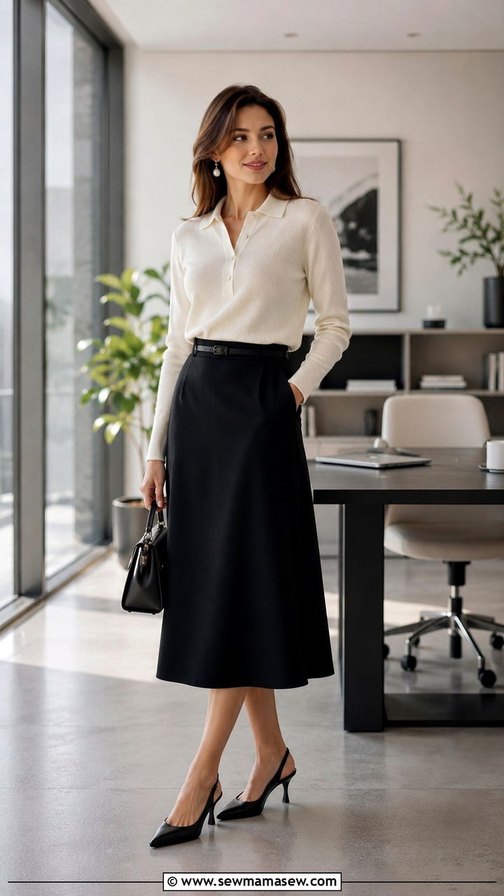 Polo neck sweater with a midi skirt and slingback heels - 30 Sweater outfit ideas for work