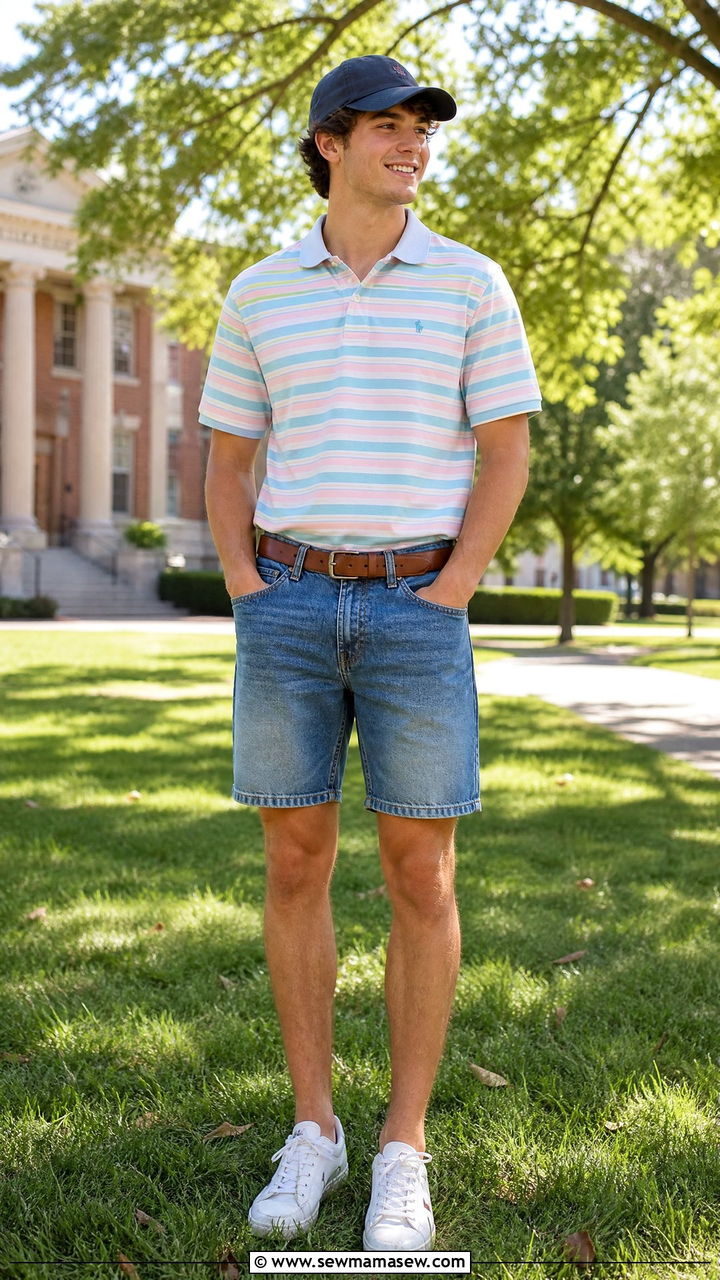 Polo shirt and bermuda denim shorts outfit - 30 Summer capsule wardrobe for college