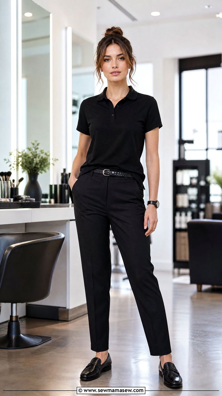 Polo shirt and tailored trousers for makeup artists - 30 Makeup artist outfit ideas