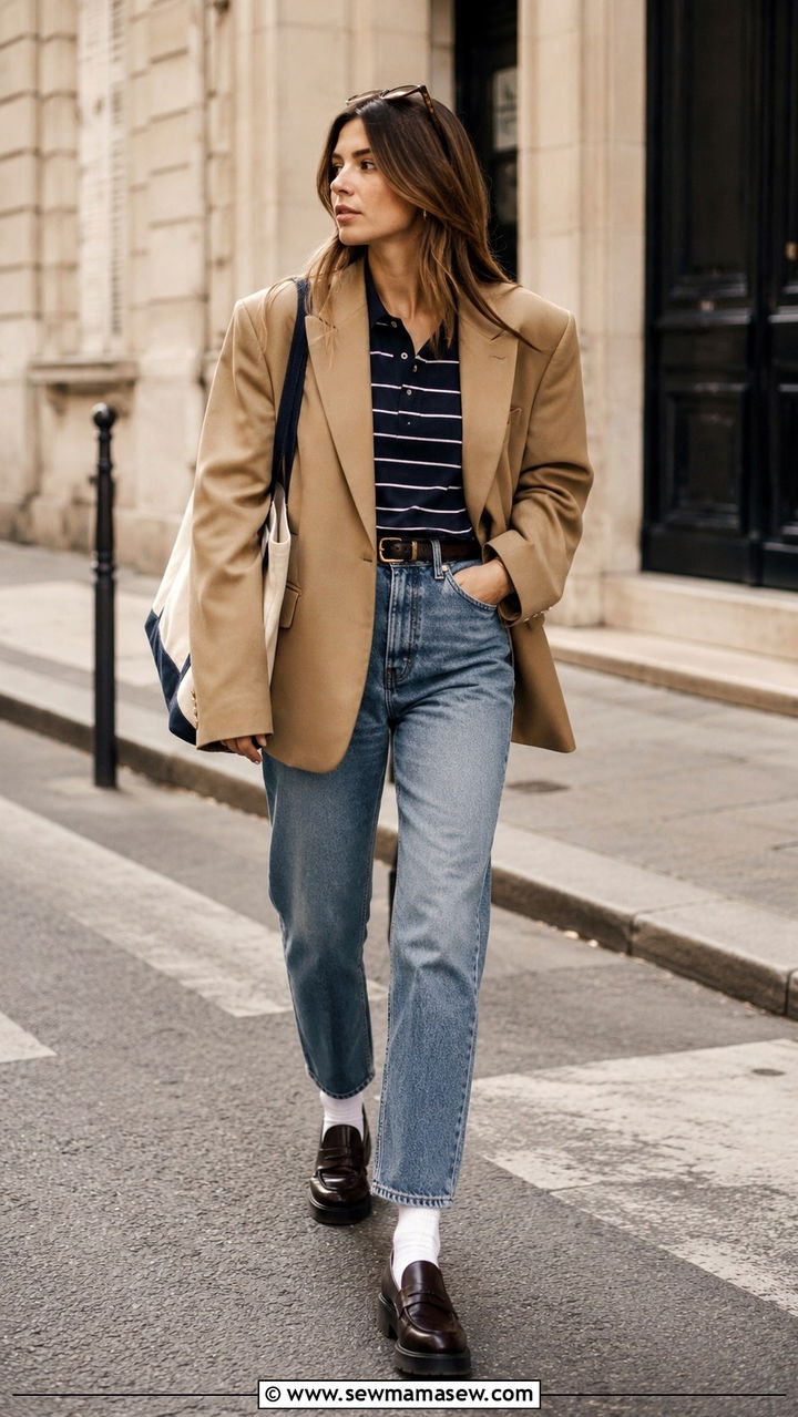 Polo shirt layered under blazer with straight leg jeans - 30 preppy outfits for women