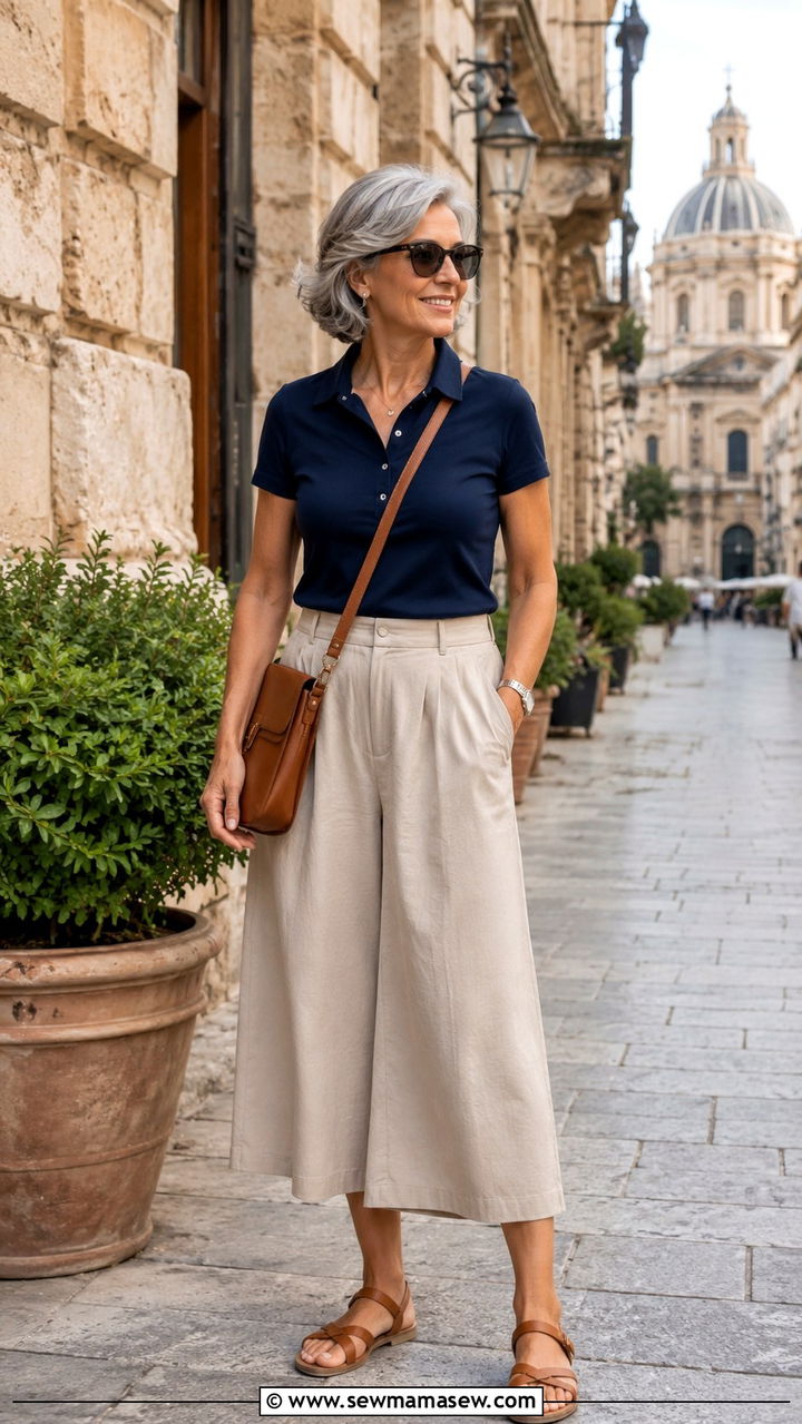Polo shirt with culottes and a crossbody bag - 25 Outfit ideas for women over 50 elevated casual