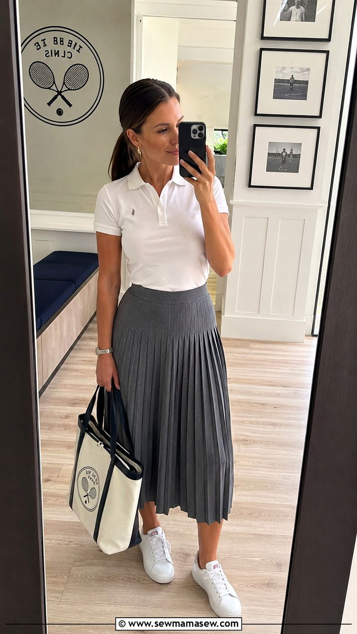 Polo shirt with pleated midi skirt and sneakers - 30 Midi skirt outfit ideas with sneakers