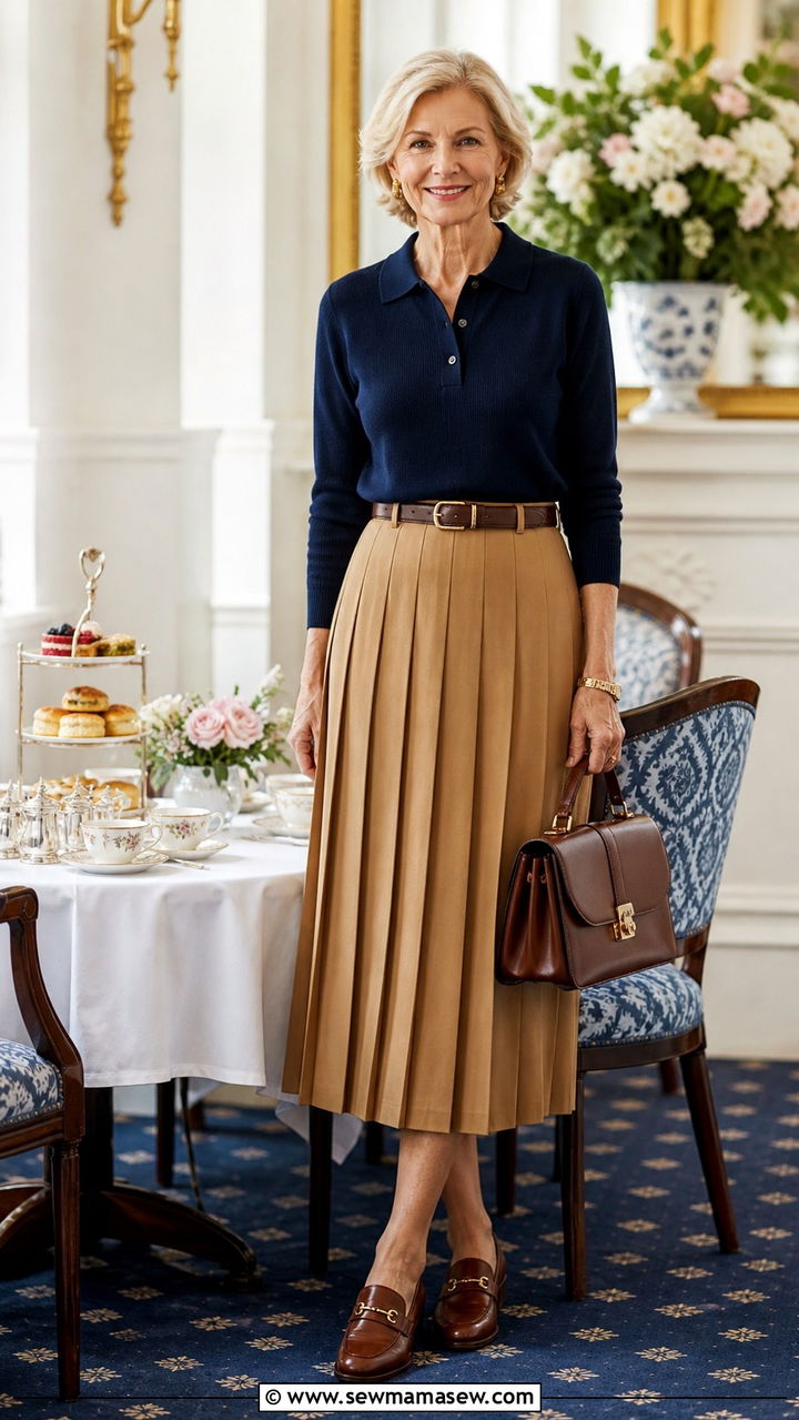 Polo sweater and midi skirt outfit for women over 60 - 40 How to dress in your 60s