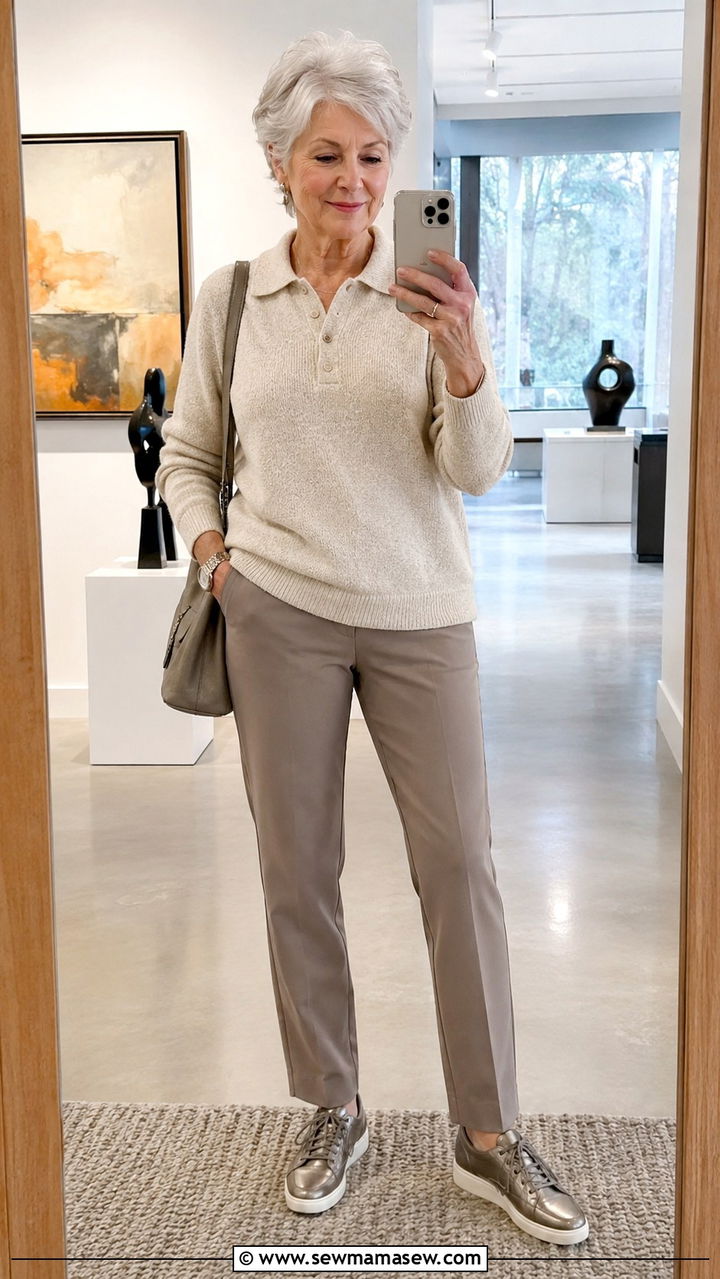 Polo sweater with pull on trousers - 30 Outfit ideas for women over 70 casual 2026