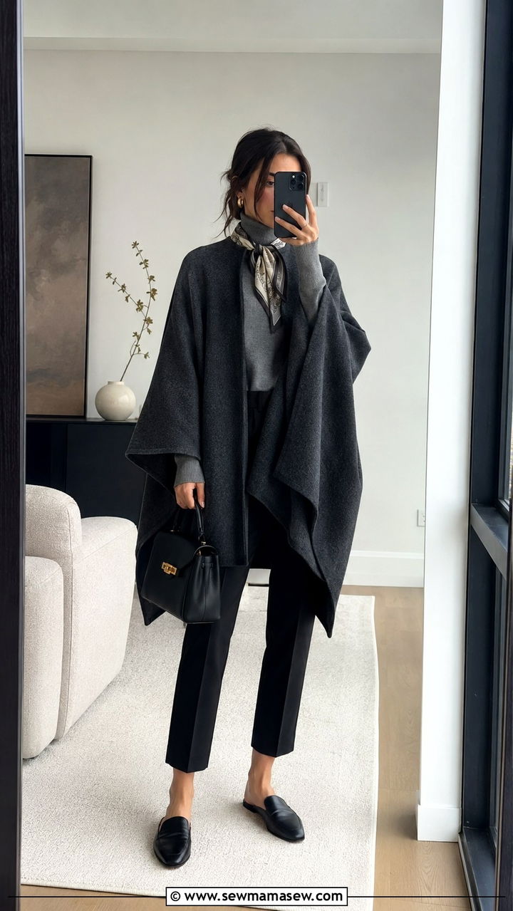 Poncho Coat With Slim Trousers And Flat Mules - 25 windy day outfits aesthetic