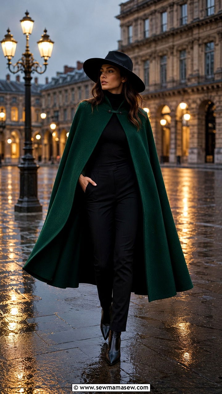 Poncho Style Cape With Slim Trousers And Pointed Boots - 30 Rainy day travel outfit ideas