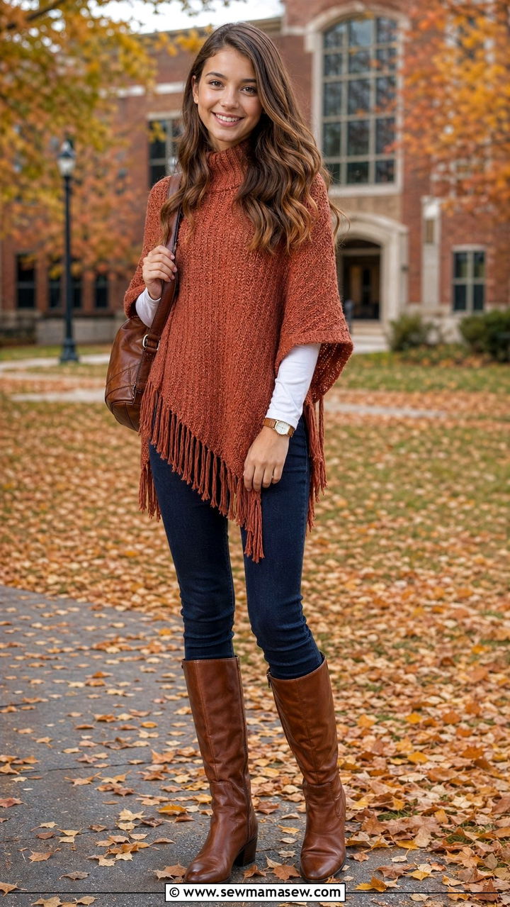 Poncho Style Sweater With Skinny Jeans and Riding Boots - 35 Back to school outfit ideas 8th grade