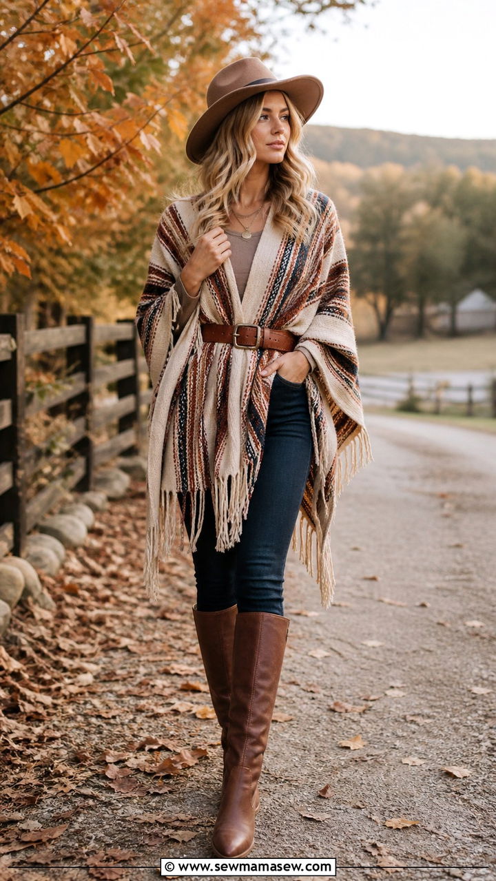 Poncho With Skinny Jeans And Knee High Boots - 40 boho chic outfits 2026