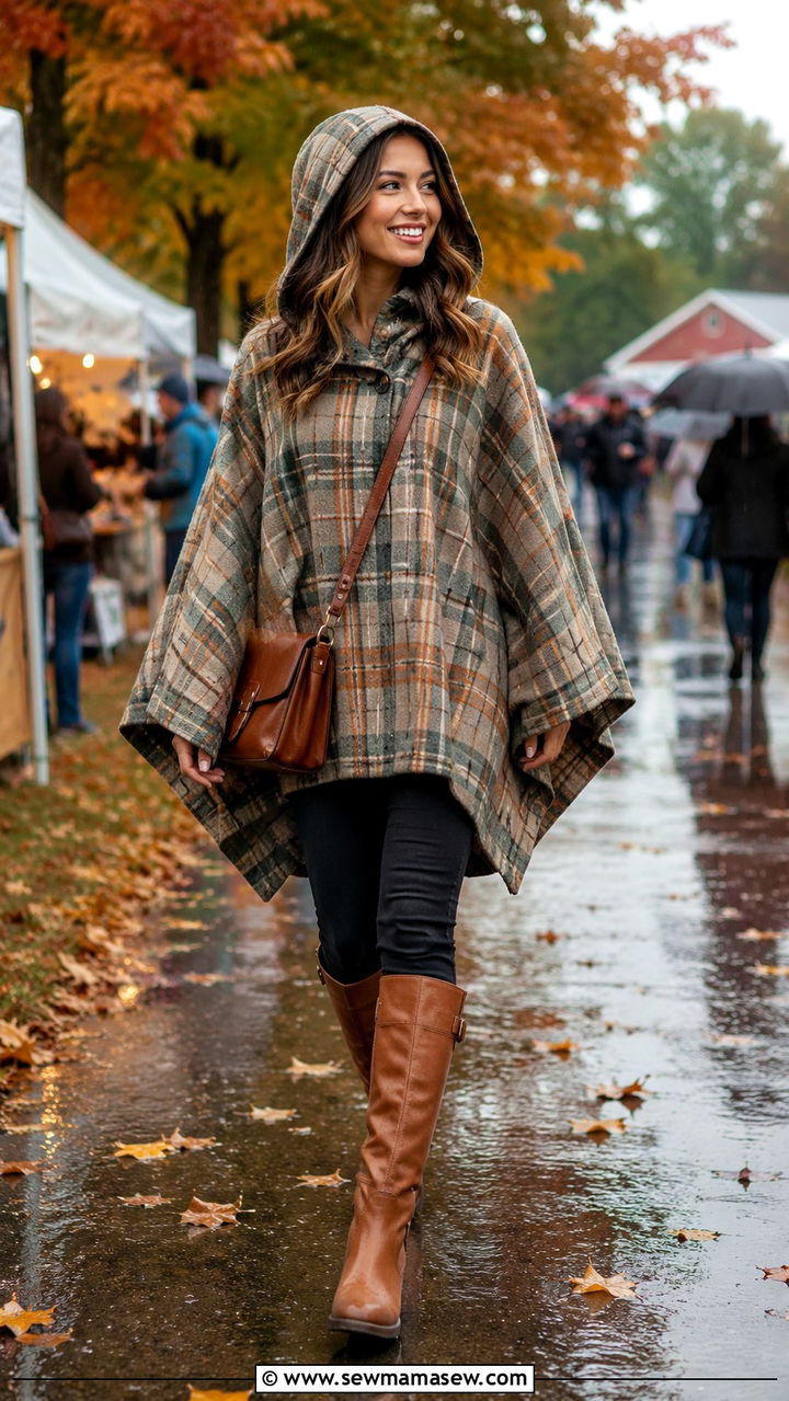 Poncho With Skinny Jeans and Knee High Boots - 25 rainy day outfits trends