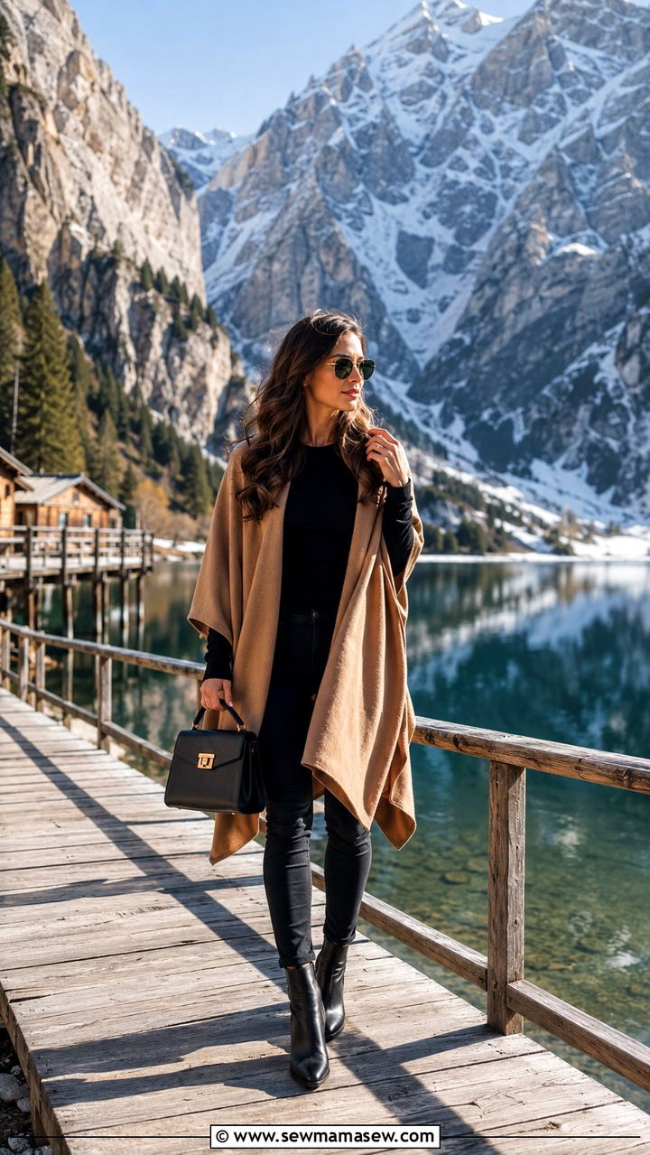 Poncho Wrap With Skinny Jeans and Ankle Boots - 25 Airport outfit ideas for cold destination