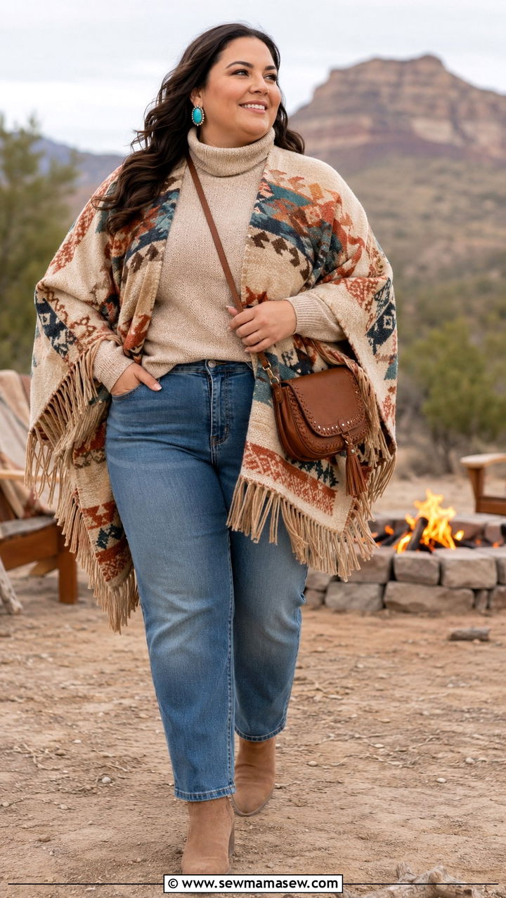 Poncho and Straight Leg Jeans - 25 Plus size outfit ideas western