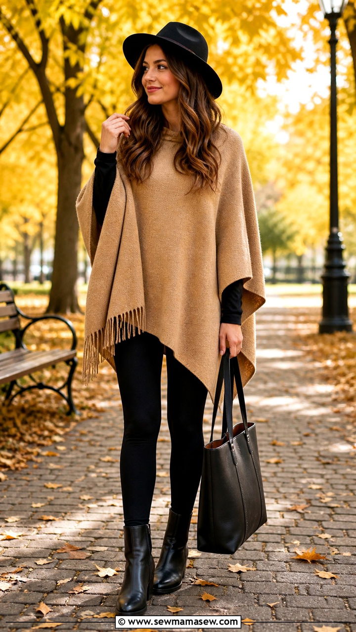 Poncho and leggings fall travel outfit - 40 travel outfits for women