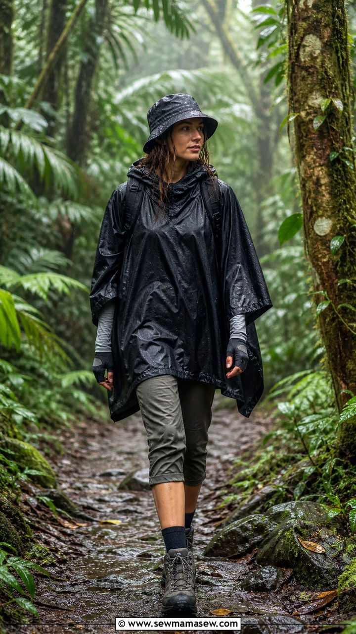 Poncho and waterproof hiking boots backpacking outfit - 20 Backpacking outfit ideas