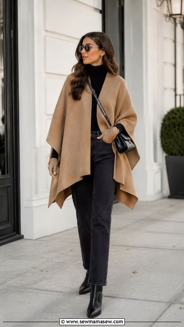 Poncho coat and straight leg jeans - 25 windy day outfits trends