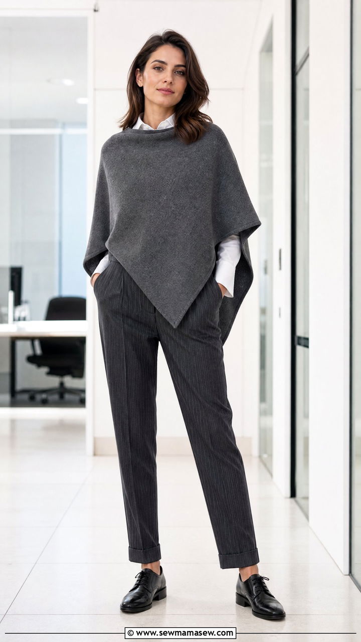 Poncho layered over button down shirt and trousers - 40 Poncho outfit ideas