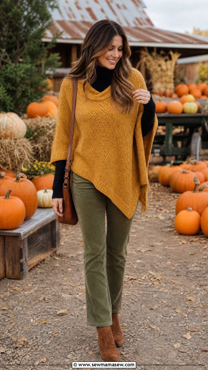 Poncho layered over turtleneck and corduroy pants - 25 How to style a poncho